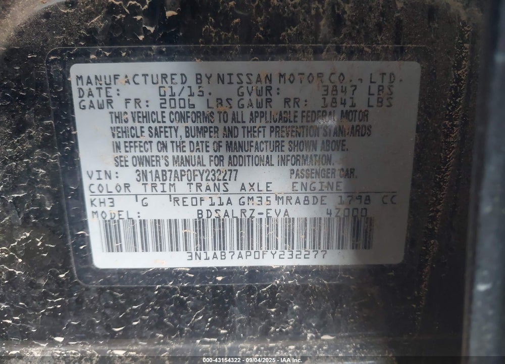 2015 NISSAN SENTRA VIN: 3N1AB7AP0FY232277
