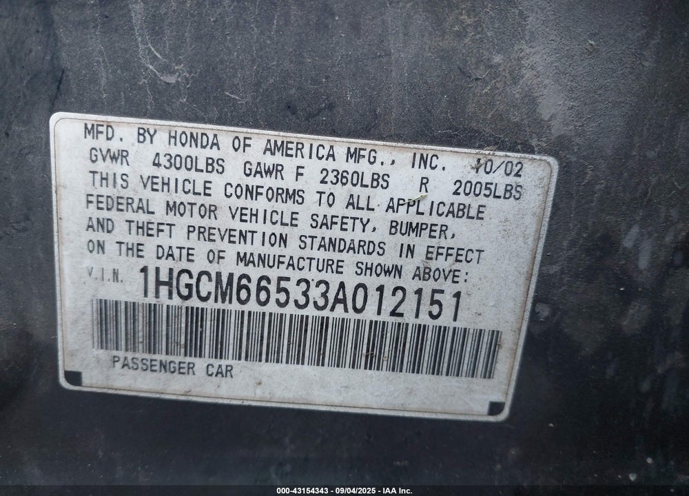 2003 HONDA ACCORD 3.0 EX VIN: 1HGCM66533A012151