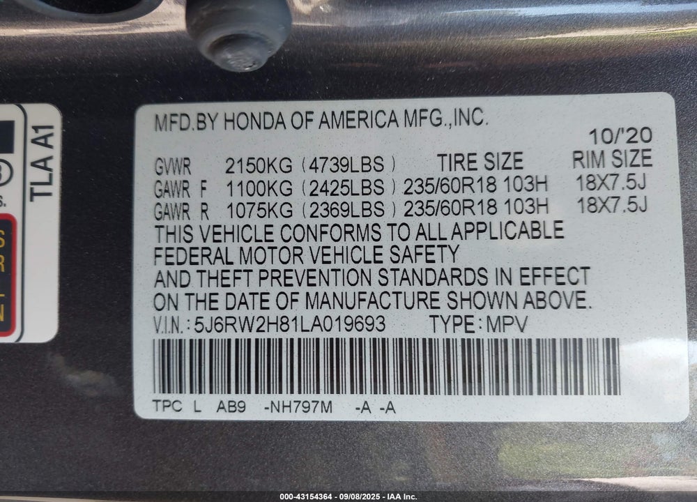 2020 HONDA CR-V VIN: 5J6RW2H81LA019693