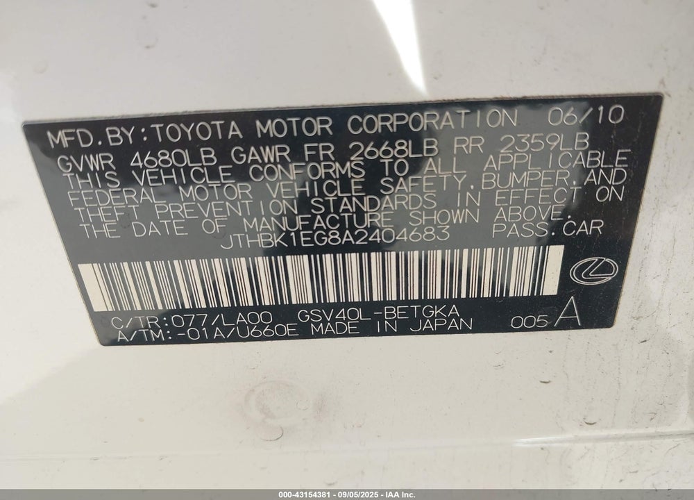 2010 LEXUS ES 350 VIN: JTHBK1EG8A2404683