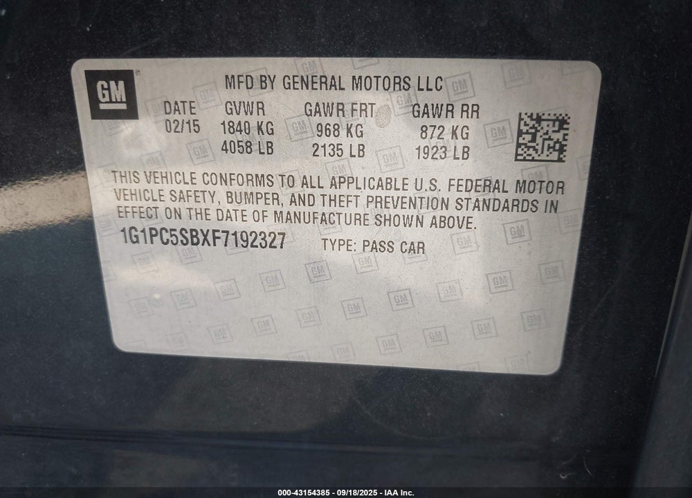 2015 CHEVROLET CRUZE VIN: 1G1PC5SBXF7192327