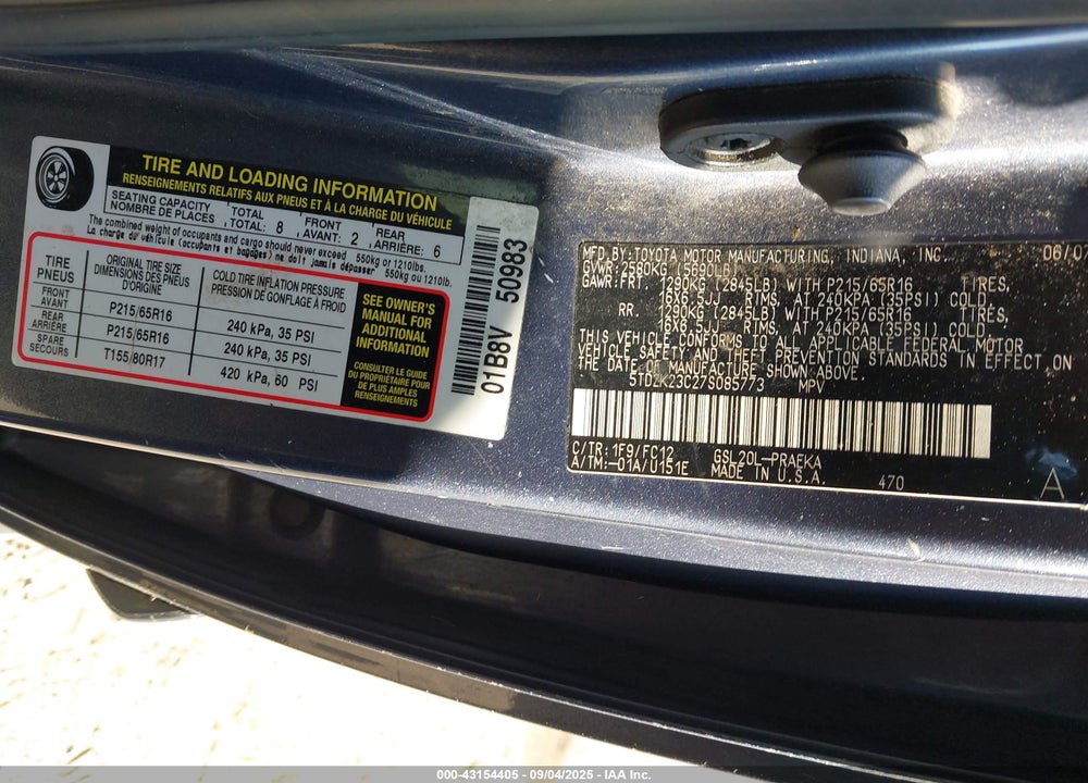 2007 TOYOTA SIENNA LE VIN: 5TDZK23C27S085773