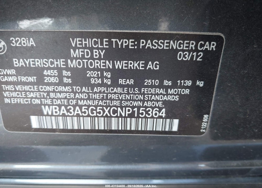 2012 BMW 3 SERIES VIN: WBA3A5G5XCNP15364