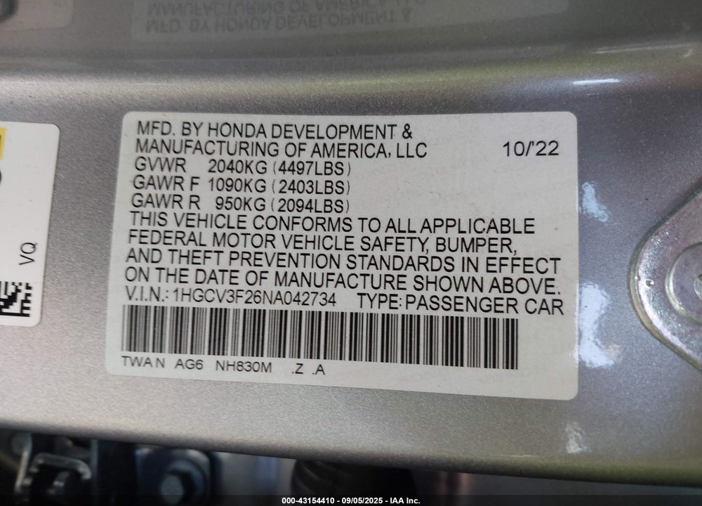 2022 HONDA ACCORD VIN: 1HGCV3F26NA042734