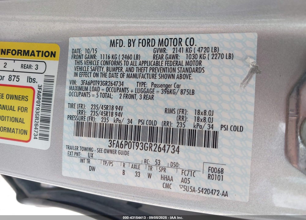 2016 FORD FUSION VIN: 3FA6P0T93GR264734