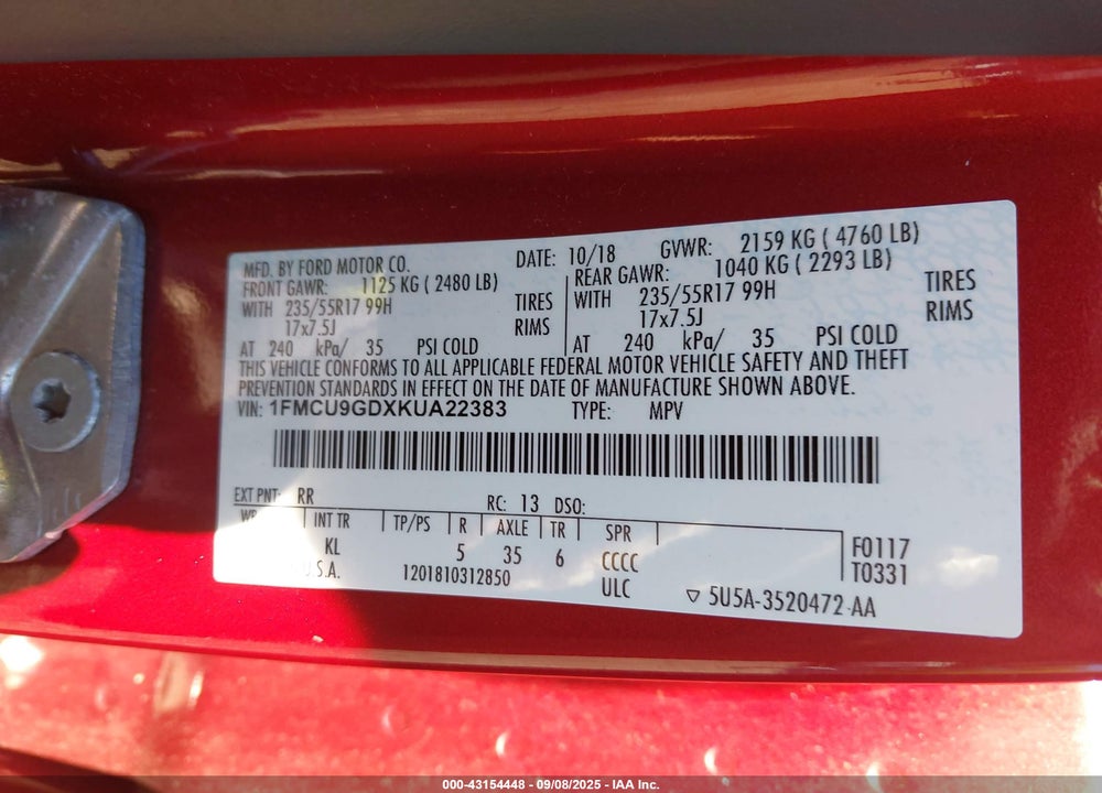 2019 FORD ESCAPE VIN: 1FMCU9GDXKUA22383