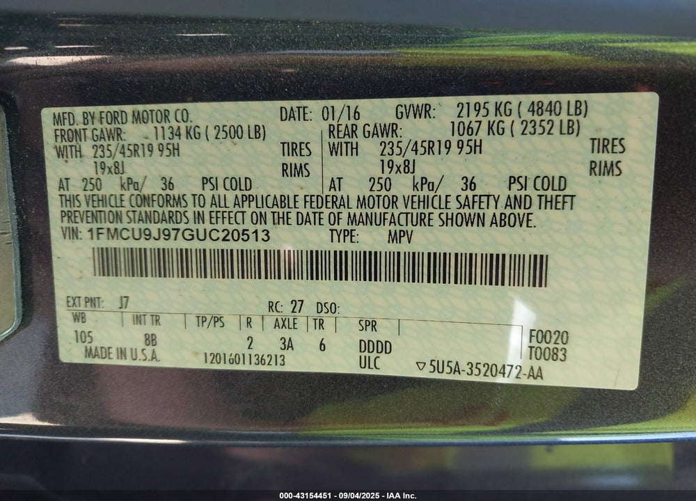 2016 FORD ESCAPE VIN: 1FMCU9J97GUC20513
