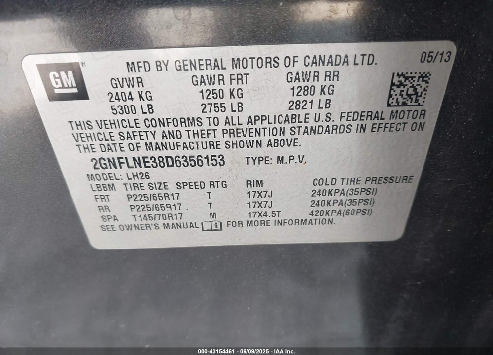2013 CHEVROLET EQUINOX VIN: 2GNFLNE38D6356153