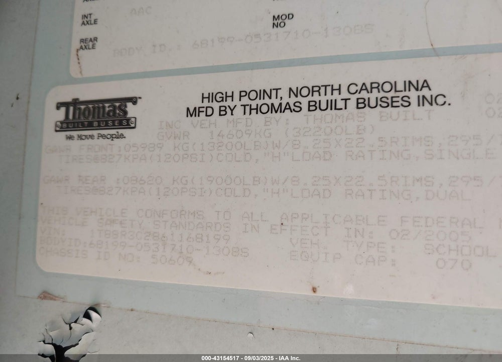 2006 THOMAS SCHOOL BUS VIN: 1T88R3C2861168199