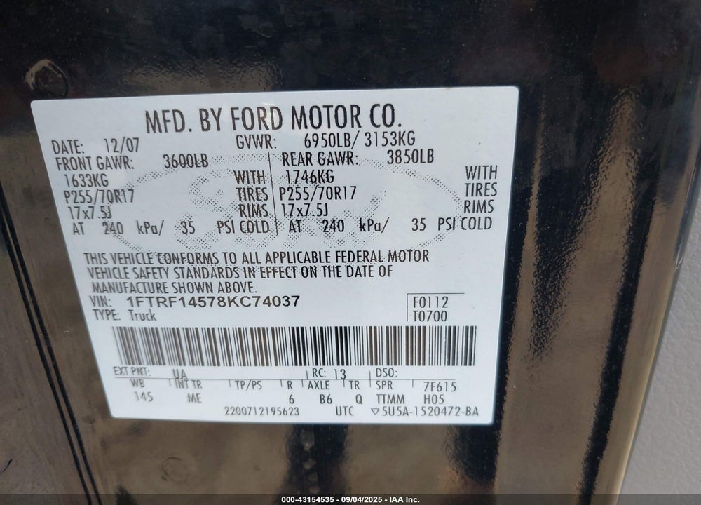 2008 FORD F-150 VIN: 1FTRF14578KC74037