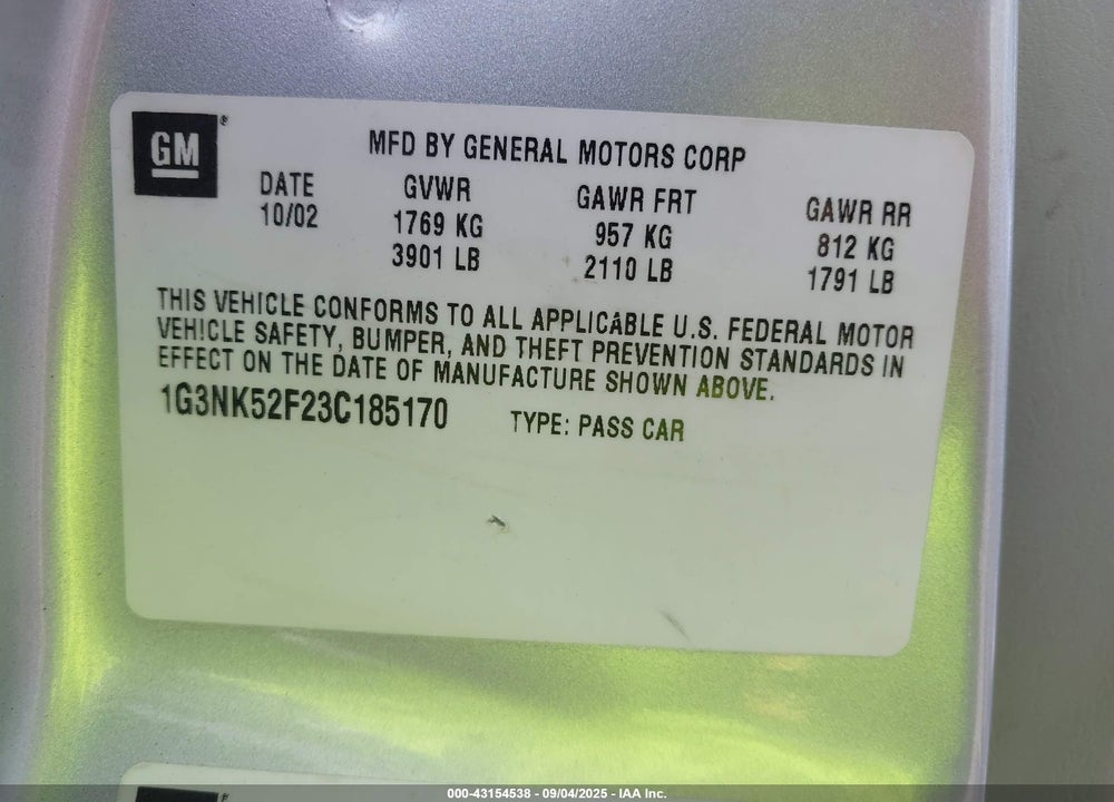 2003 OLDSMOBILE ALERO GX VIN: 1G3NK52F23C185170