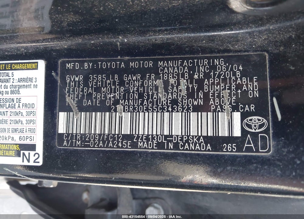 2005 TOYOTA COROLLA S VIN: 2T1BR30E55C343623