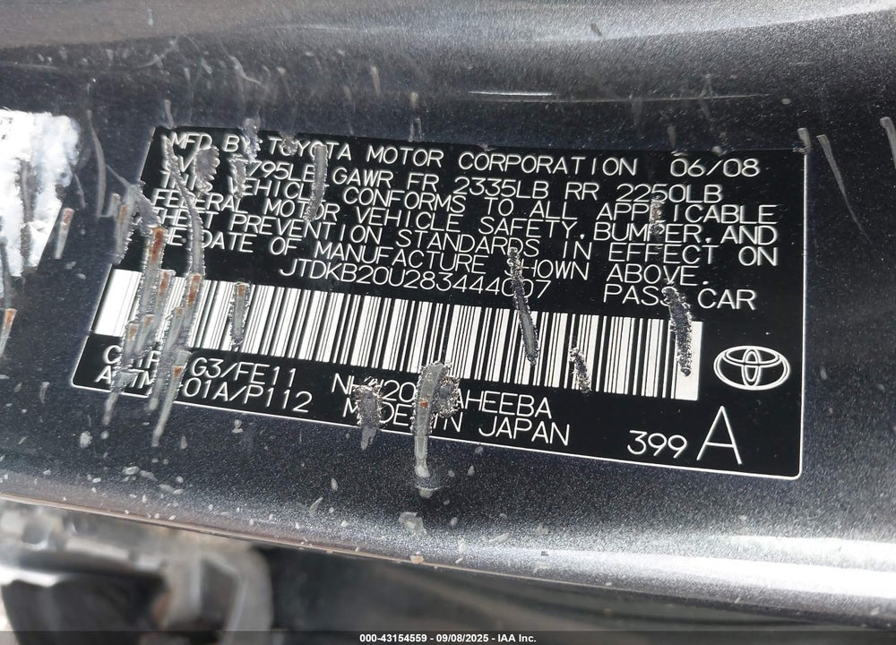 2008 TOYOTA PRIUS VIN: JTDKB20U283444007