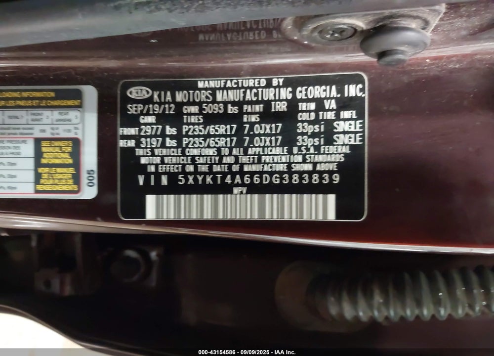 2013 KIA SORENTO VIN: 5XYKT4A66DG383839