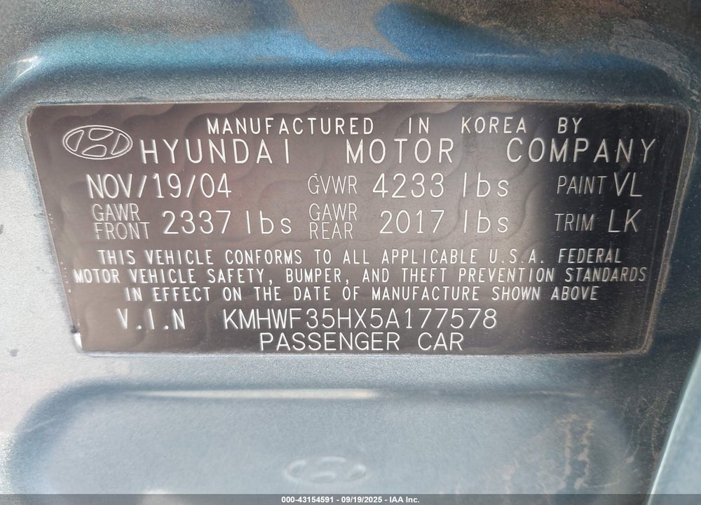 2005 HYUNDAI SONATA GLS/LX VIN: KMHWF35HX5A177578