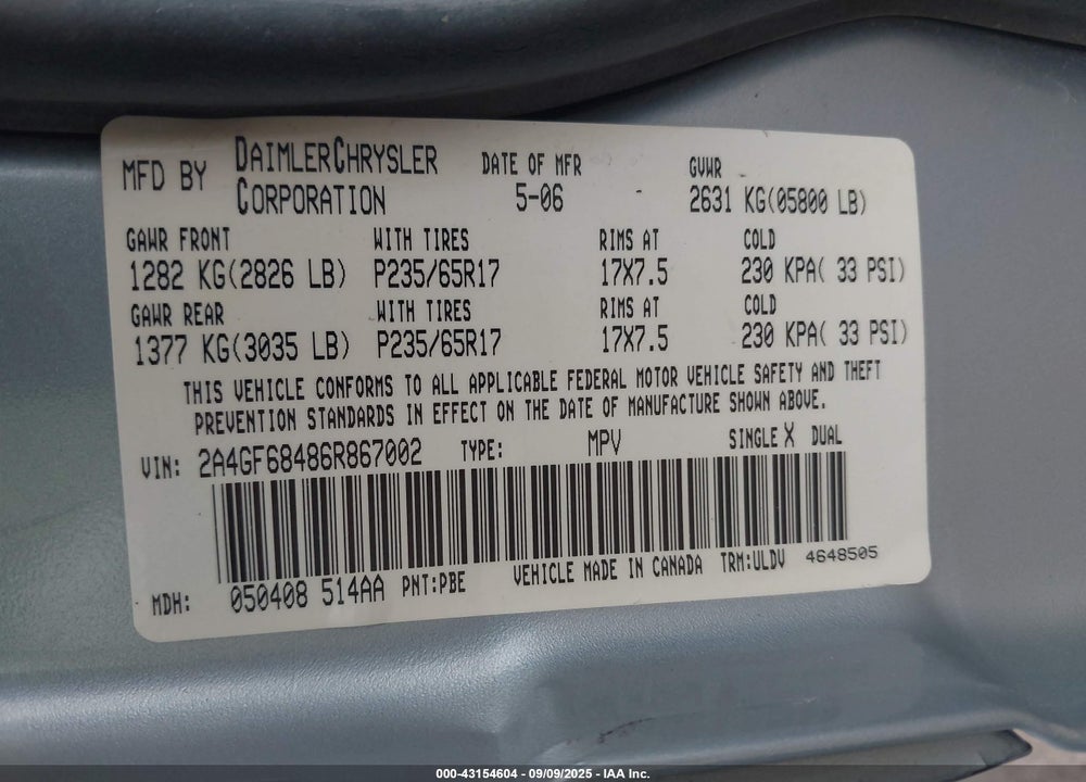 2006 CHRYSLER PACIFICA VIN: 2A4GF68486R867002