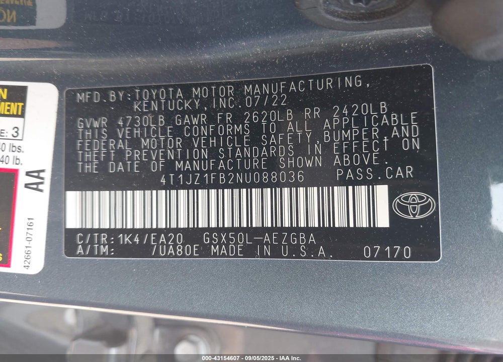 2022 TOYOTA AVALON VIN: 4T1JZ1FB2NU088036