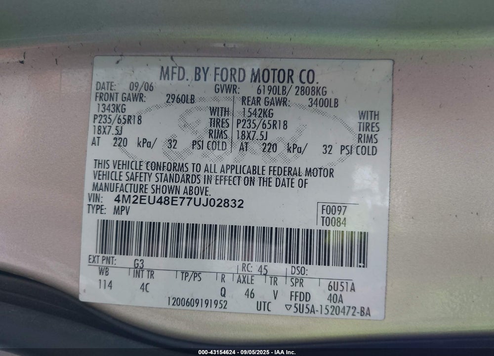 2007 MERCURY MOUNTAINEER VIN: 4M2EU48E77UJ02832