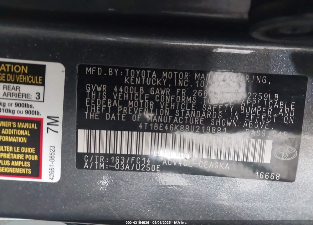 2008 TOYOTA CAMRY SE VIN: 4T1BE46K88U219881