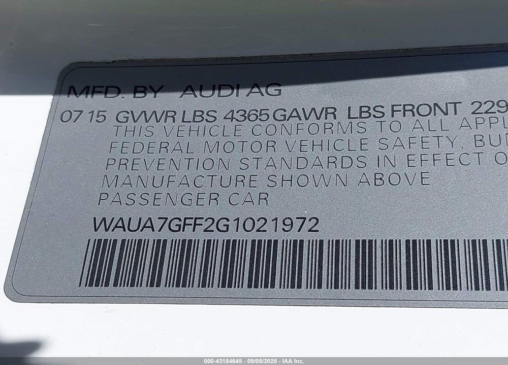 2016 AUDI A3 1.8T PREMIUM VIN: WAUA7GFF2G1021972