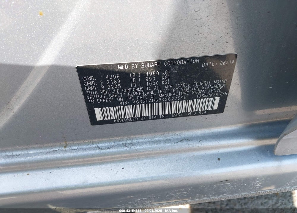 2019 SUBARU IMPREZA VIN: 4S3GKAD68K3622599