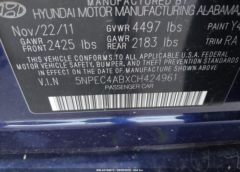 2012 HYUNDAI SONATA VIN: 5NPEC4ABXCH424961