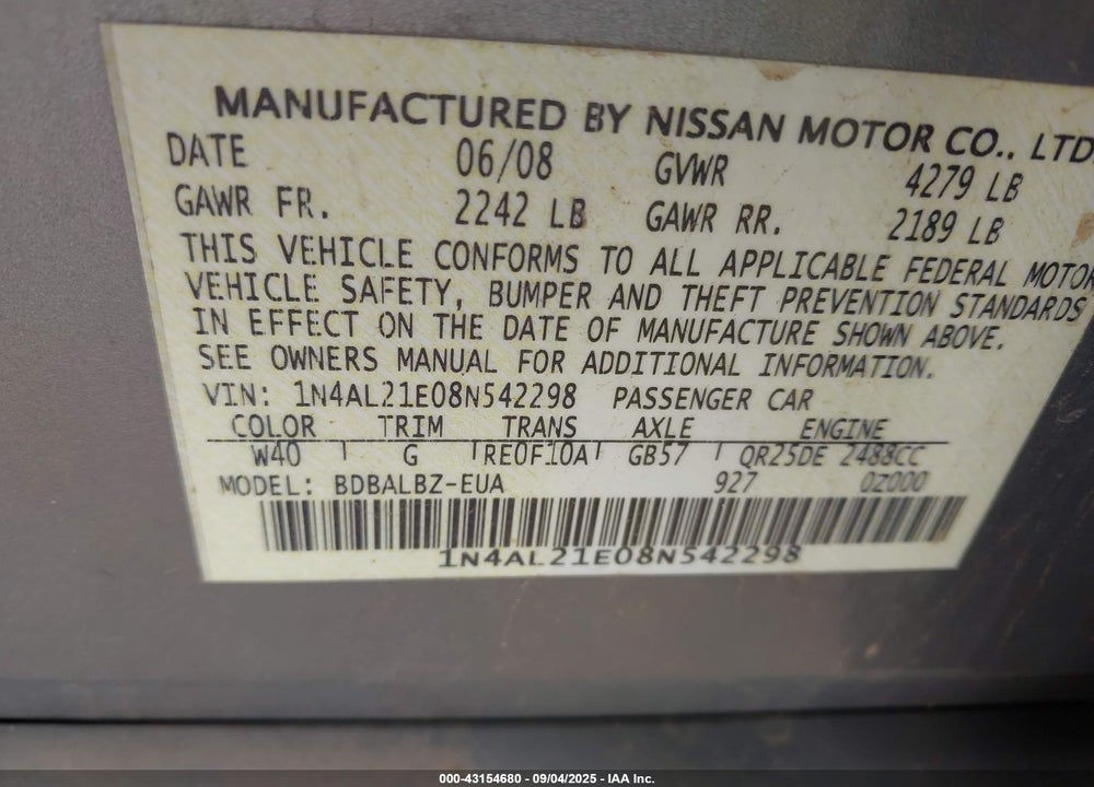 2008 NISSAN ALTIMA 2.5 S VIN: 1N4AL21E08N542298