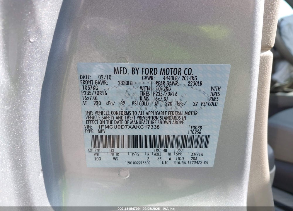 2010 FORD ESCAPE VIN: 1FMCU0D7XAKC17338