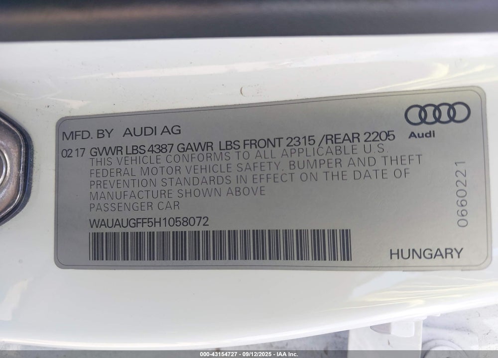 2017 AUDI A3 VIN: WAUAUGFF5H1058072