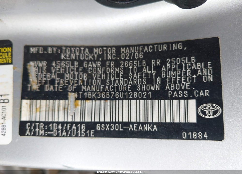 2006 TOYOTA AVALON VIN: 4T1BK36B76U128021