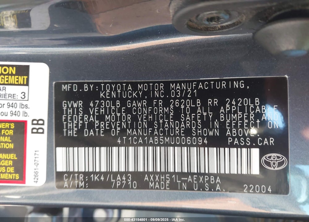 2021 TOYOTA AVALON VIN: 4T1CA1AB5MU006094