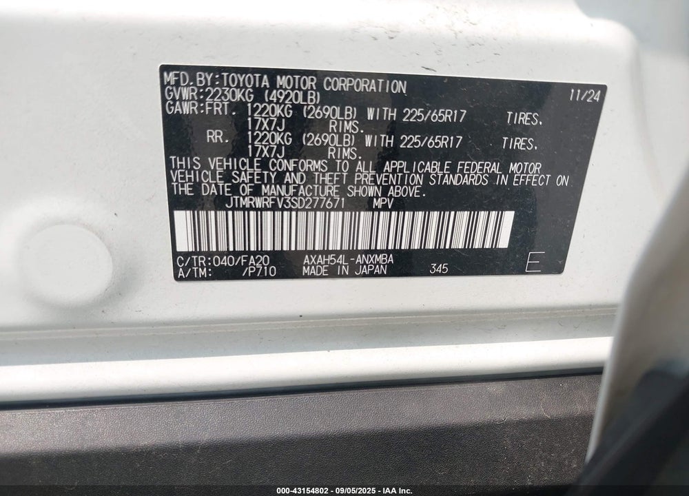2025 TOYOTA RAV4 HYBRID VIN: JTMRWRFV3SD277671