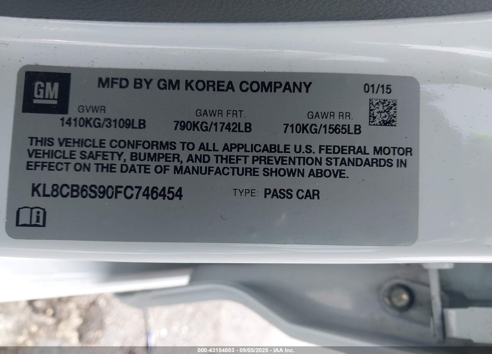 2015 CHEVROLET SPARK LS CVT VIN: KL8CB6S90FC746454