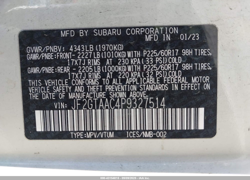 2023 SUBARU CROSSTREK VIN: JF2GTAAC4P9327514
