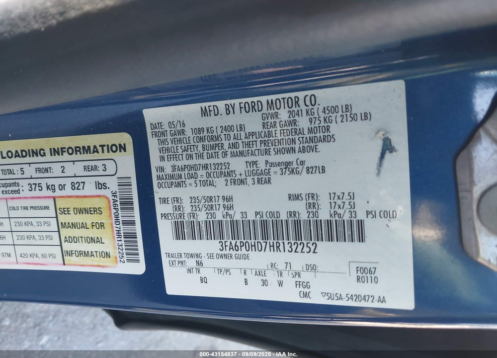 2017 FORD FUSION SE VIN: 3FA6P0HD7HR132252