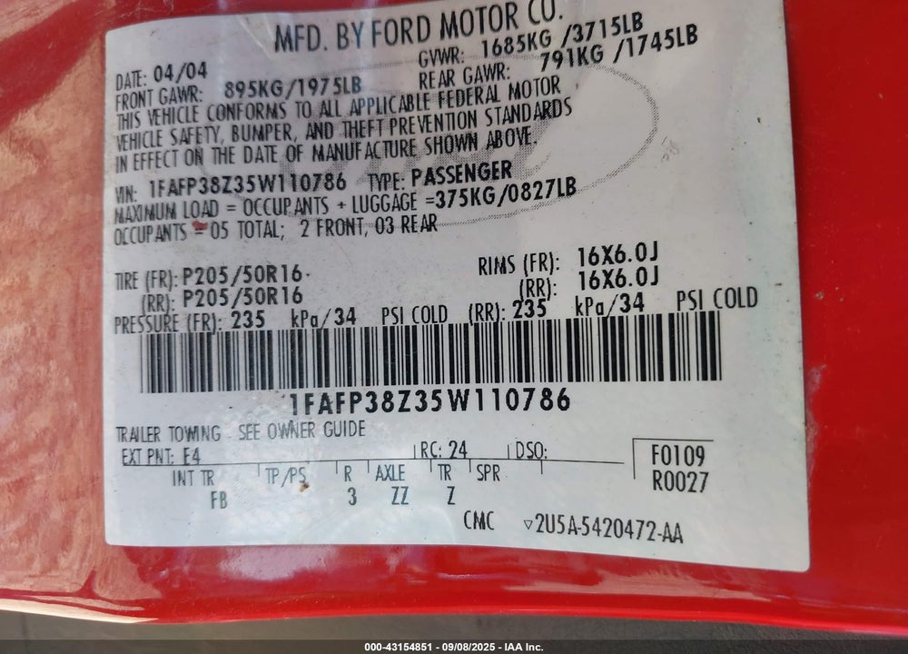 2005 FORD FOCUS ZX4 VIN: 1FAFP38Z35W110786