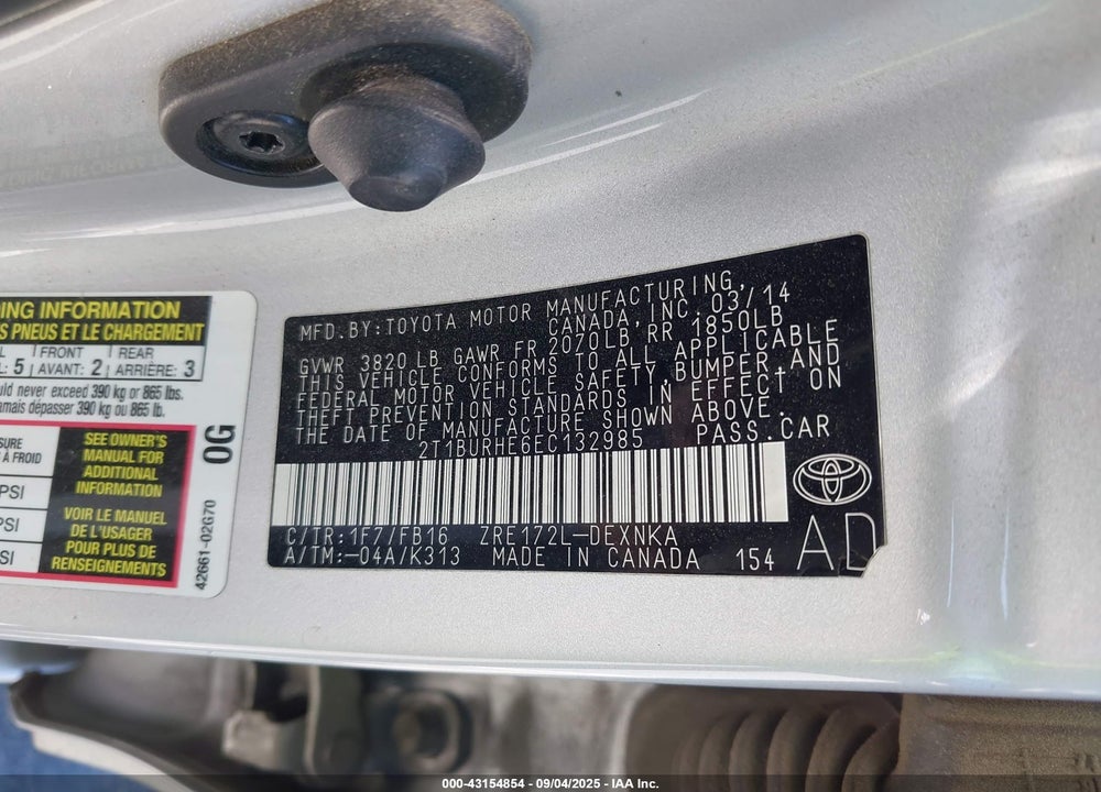 2014 TOYOTA COROLLA VIN: 2T1BURHE6EC132985