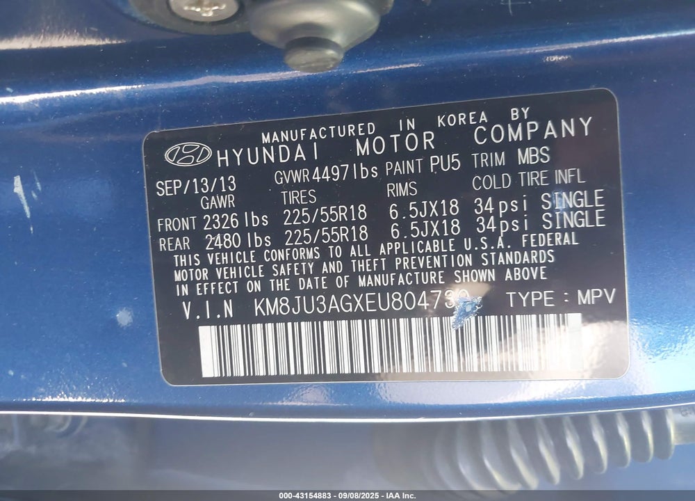 2014 HYUNDAI TUCSON VIN: KM8JU3AGXEU804730