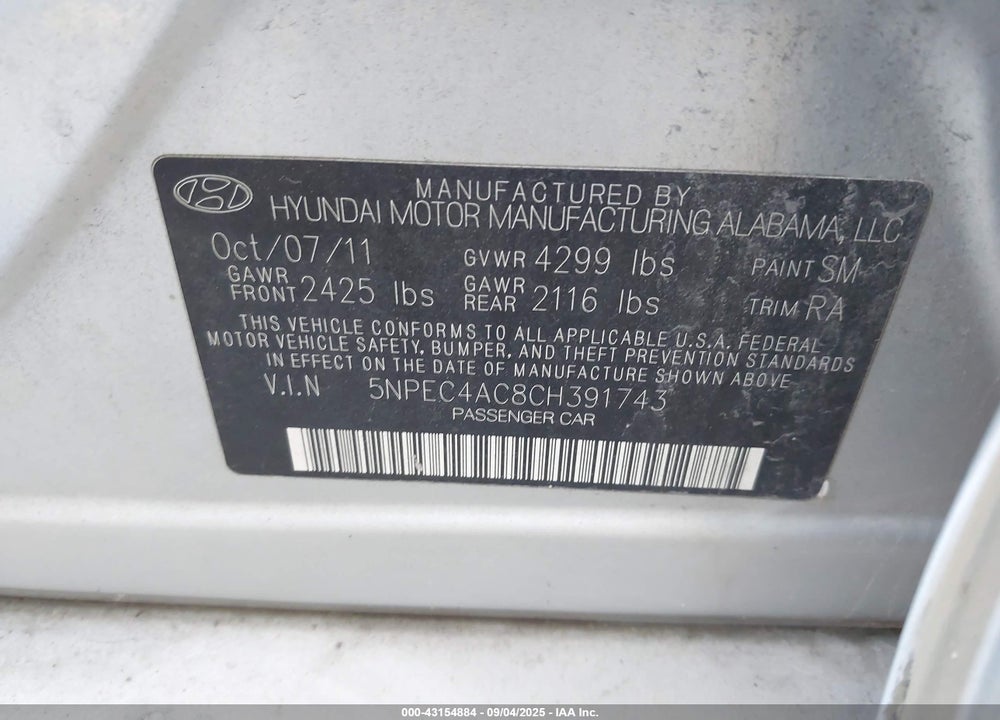 2012 HYUNDAI SONATA VIN: 5NPEC4AC8CH391743