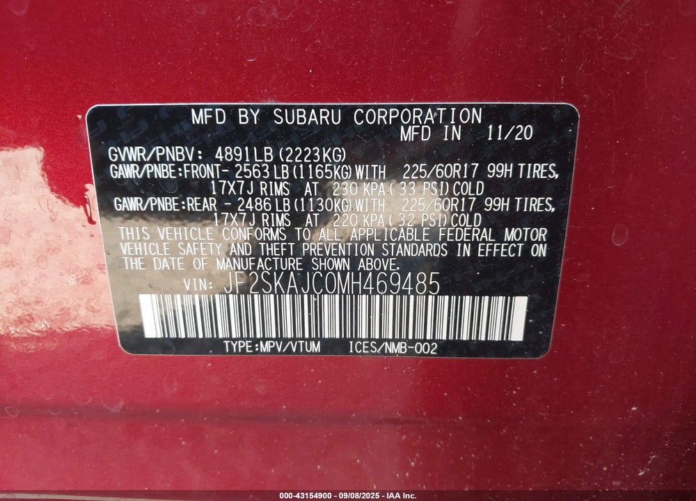 2021 SUBARU FORESTER VIN: JF2SKAJC0MH469485