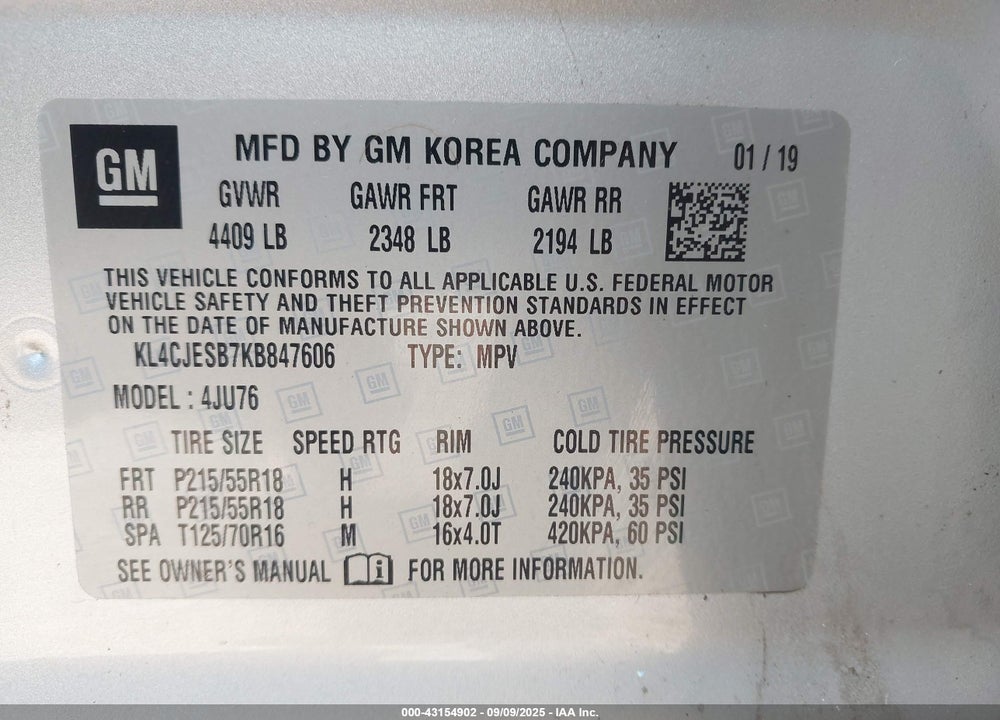2019 BUICK ENCORE AWD PREFERRED VIN: KL4CJESB7KB847606
