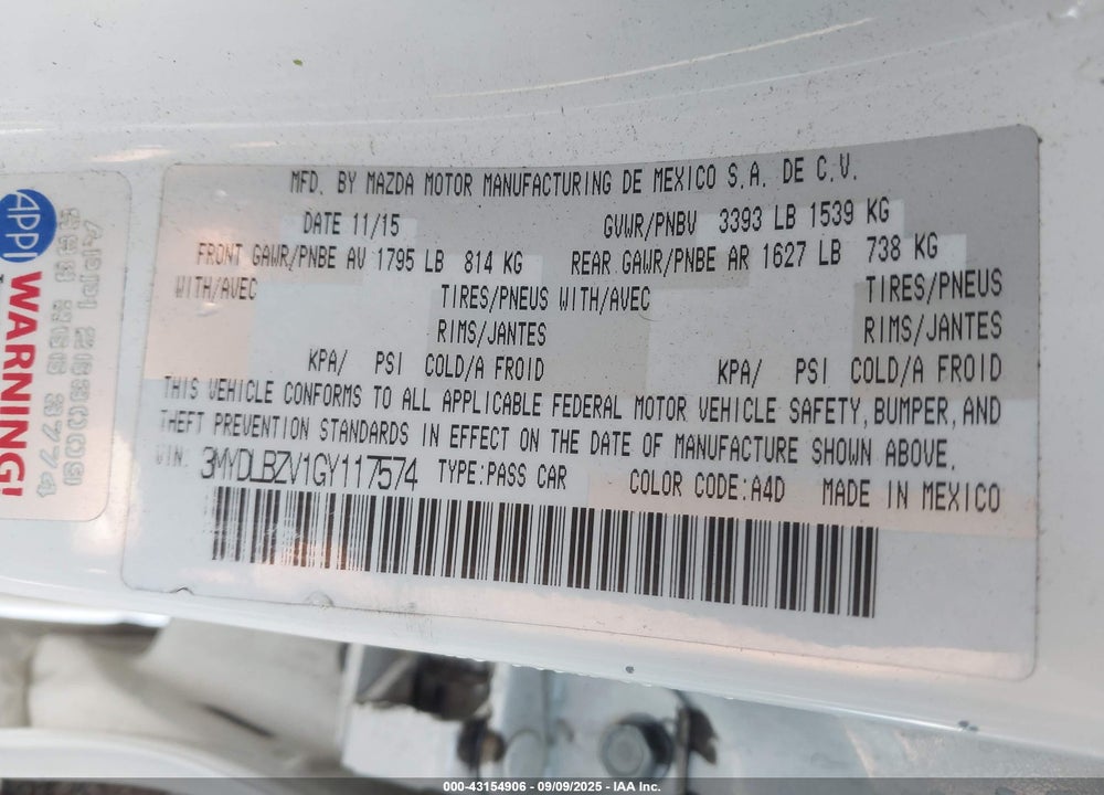 2016 SCION IA VIN: 3MYDLBZV1GY117574