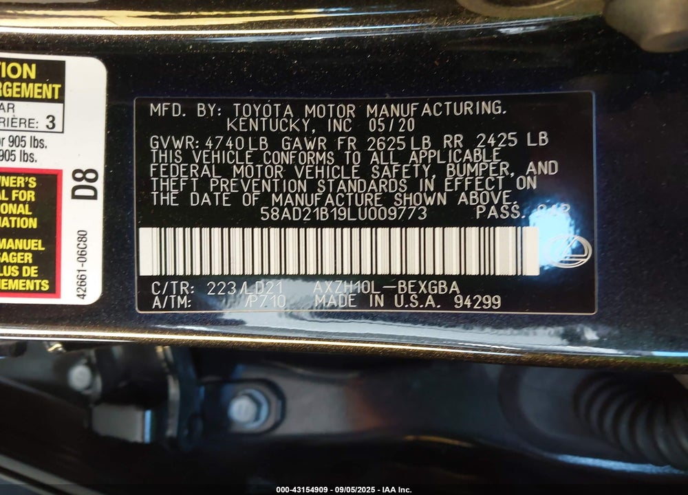 2020 LEXUS ES 300H VIN: 58AD21B19LU009773