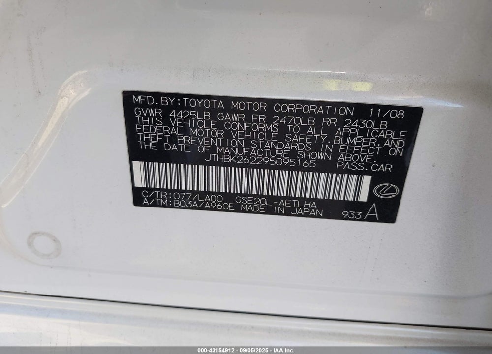 2009 LEXUS IS 250 VIN: JTHBK262295095165