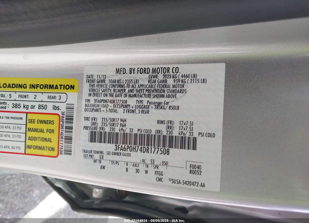2013 FORD FUSION SE VIN: 3FA6P0H74DR177508