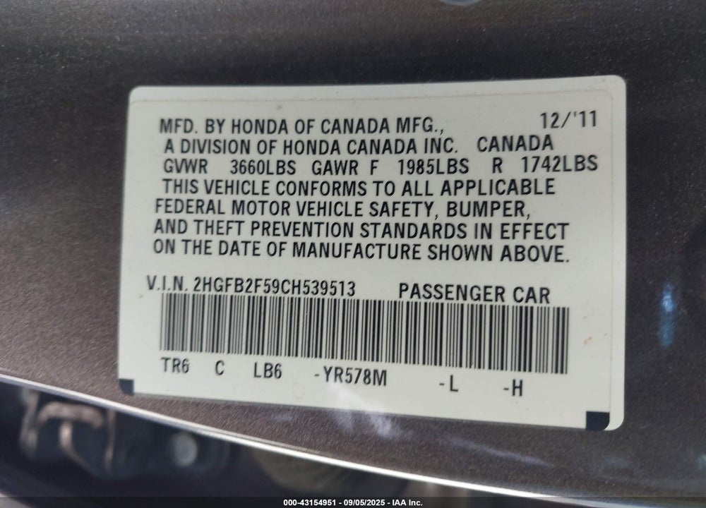 2012 HONDA CIVIC VIN: 2HGFB2F59CH539513