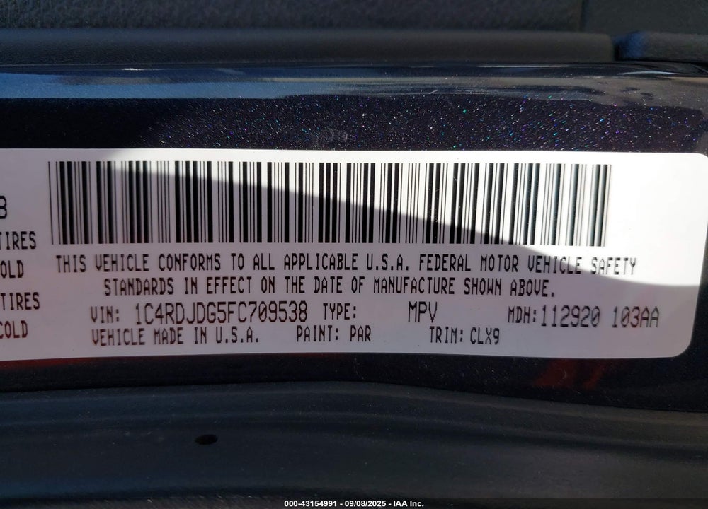 2015 DODGE DURANGO VIN: 1C4RDJDG5FC709538