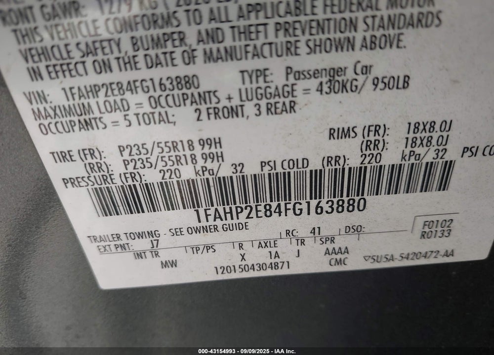 2015 FORD TAURUS VIN: 1FAHP2E84FG163880