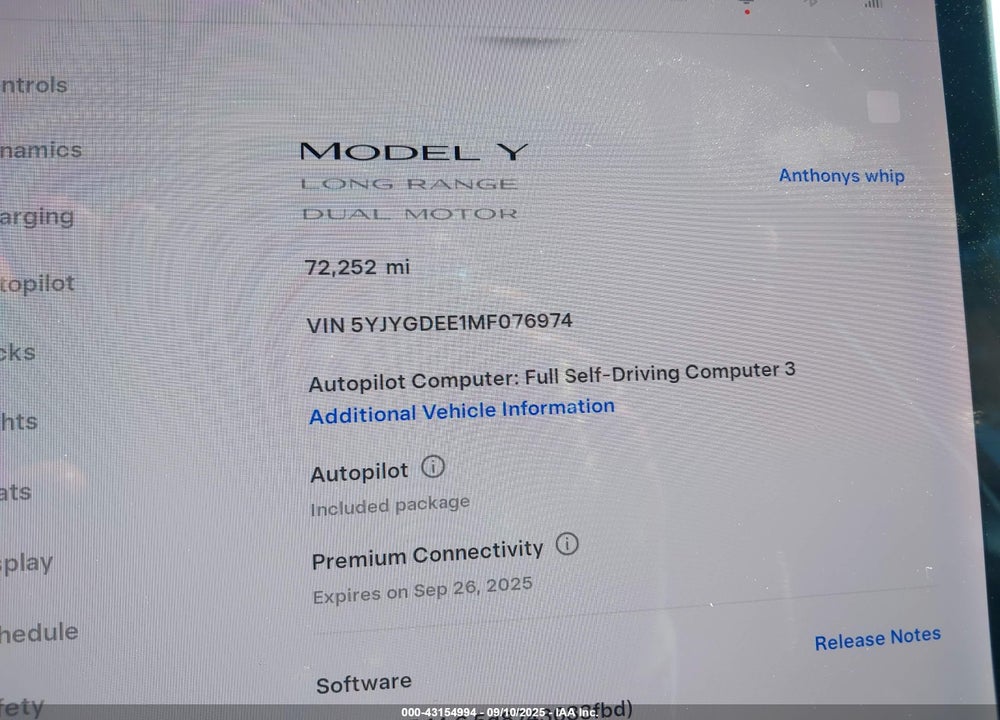 2021 TESLA MODEL Y VIN: 5YJYGDEE1MF076974