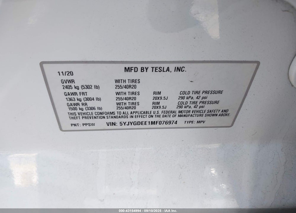 2021 TESLA MODEL Y VIN: 5YJYGDEE1MF076974